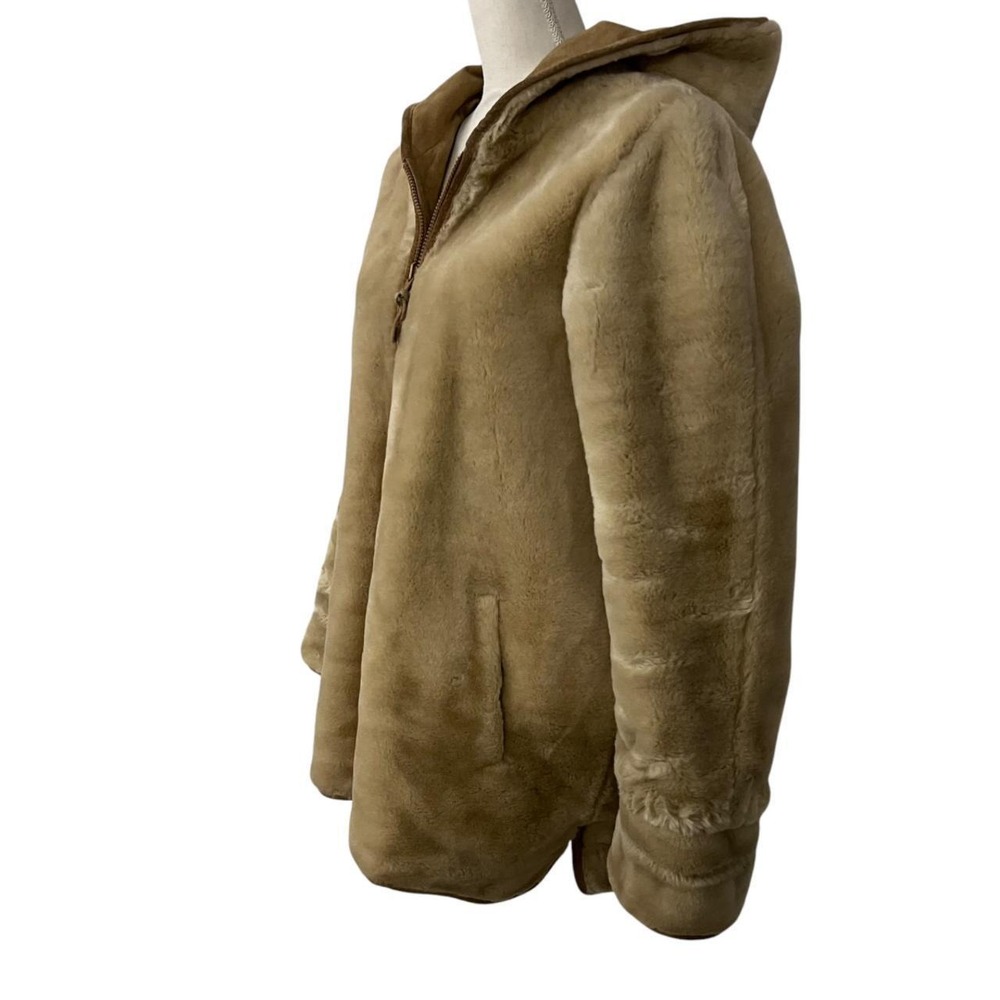 Winlit New York Reversible Genuine Leather Suede Faux Fur Hooded Coat Tan Medium - Picture 5 of 11